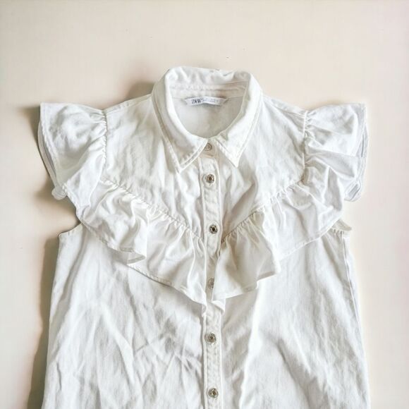 ZARA Denim Prairie Sleeveless Flounced Button Front Shirt Dress M Oyster White - Picture 7 of 10